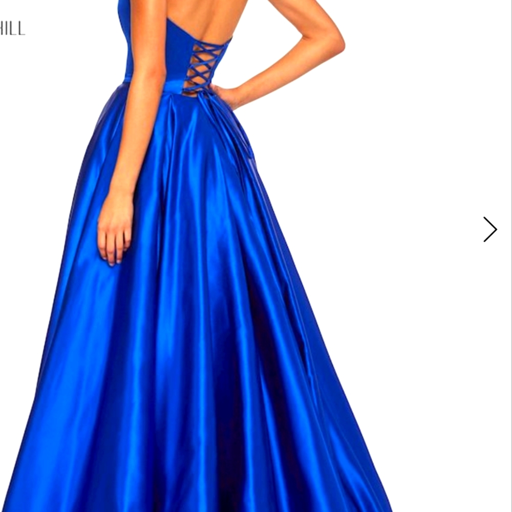 royal blue, high low strapless formal dress; deep v,sz s
